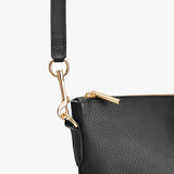 Close-up of a handbag with a strap attachment and zipper.