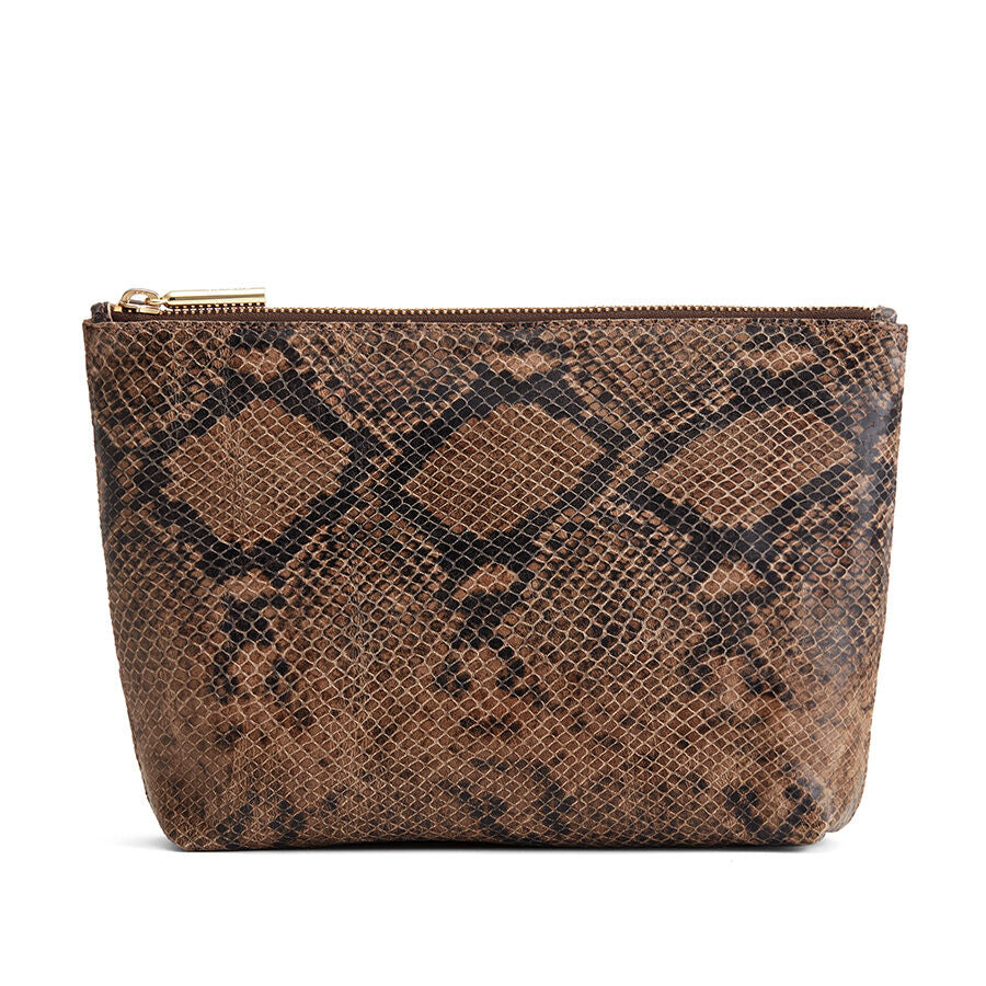 Small patterned pouch with a zipper closure.