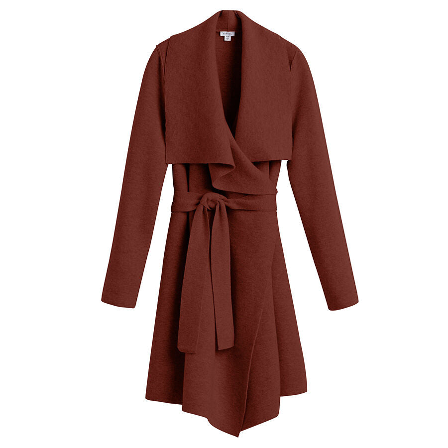 Long-sleeved belted coat with turned-down collar on a white background.