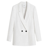 White blazer with two buttons and lapels.