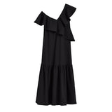 One-shoulder dress with ruffle detail and flared skirt.