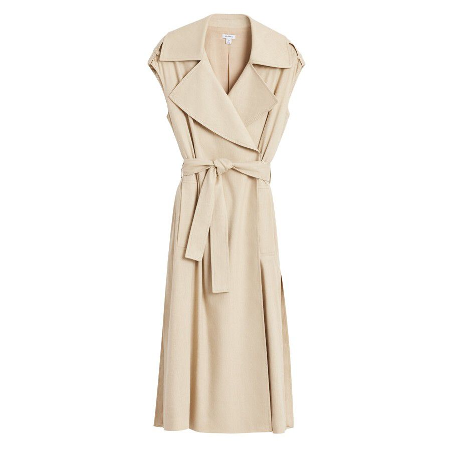 Women's trench coat with belt and draped lapels on a plain background.