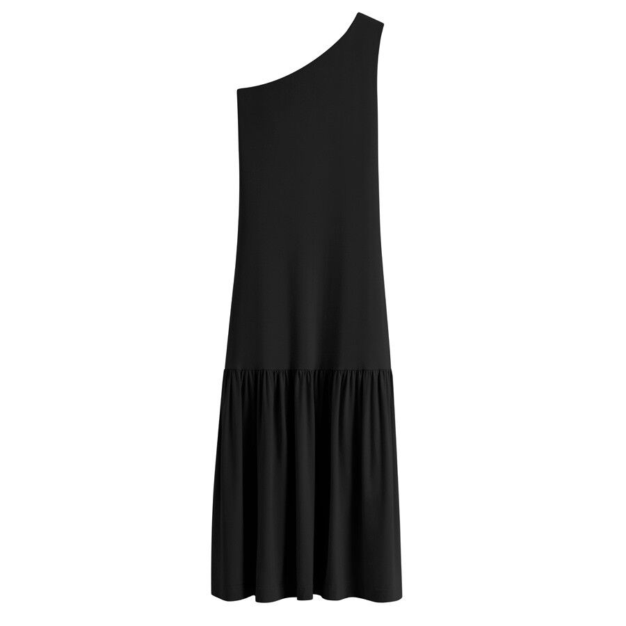Sleeveless dress with a fitted top and flared skirt.