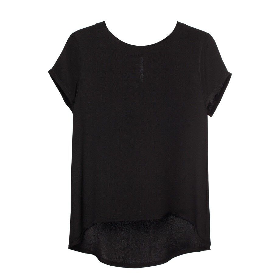 Short-sleeved blouse with a round neckline and curved hem, displayed on a plain background.