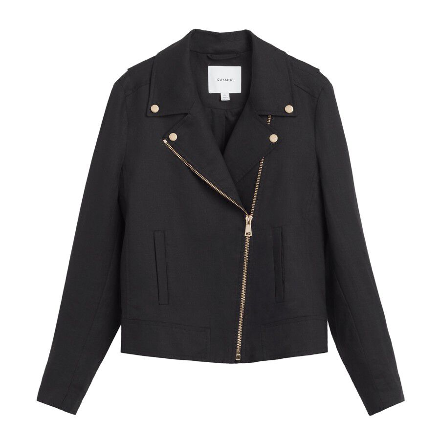 Biker-style jacket with asymmetrical zipper and button details.