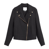 Biker-style jacket with asymmetrical zipper and button details.