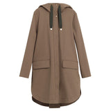 Hooded jacket with front pockets and drawstrings.