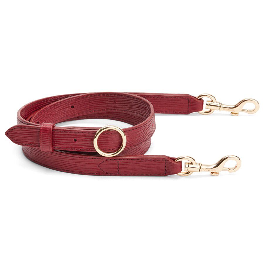 Leather dog leash with metal clasps and adjustable ring.