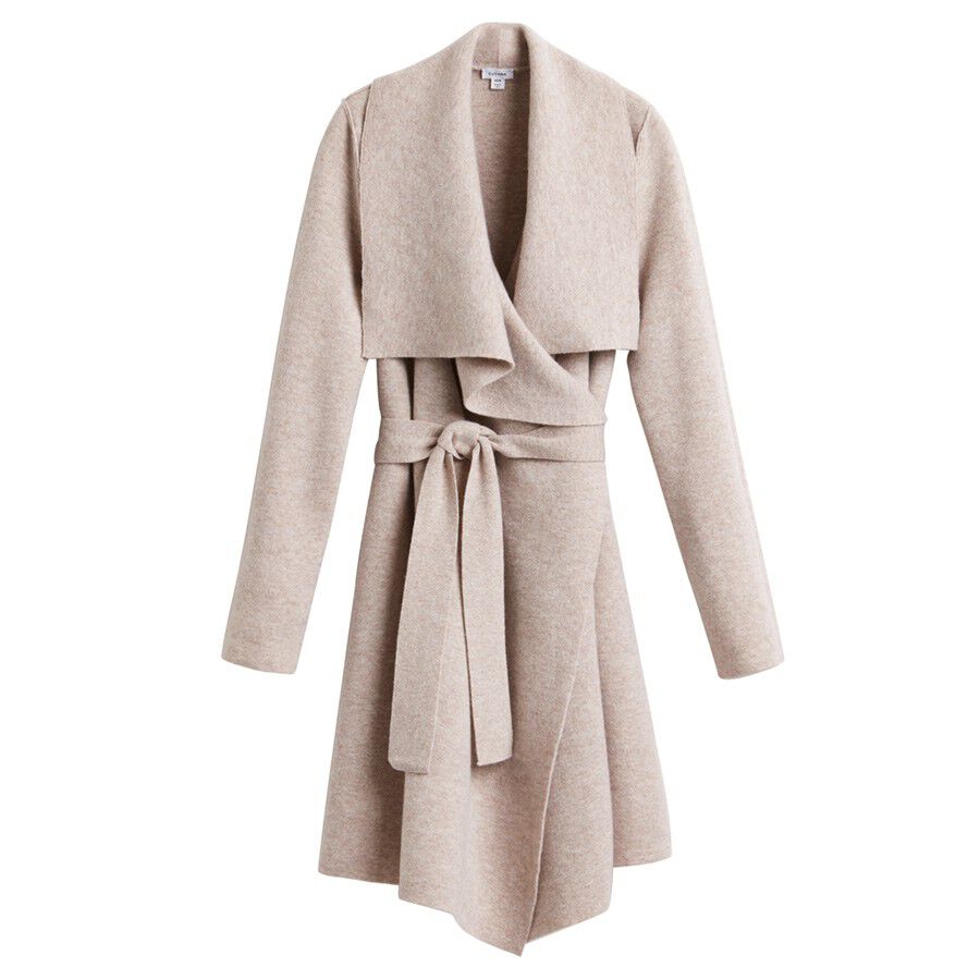 Women's belted coat with a draped collar and long sleeves.
