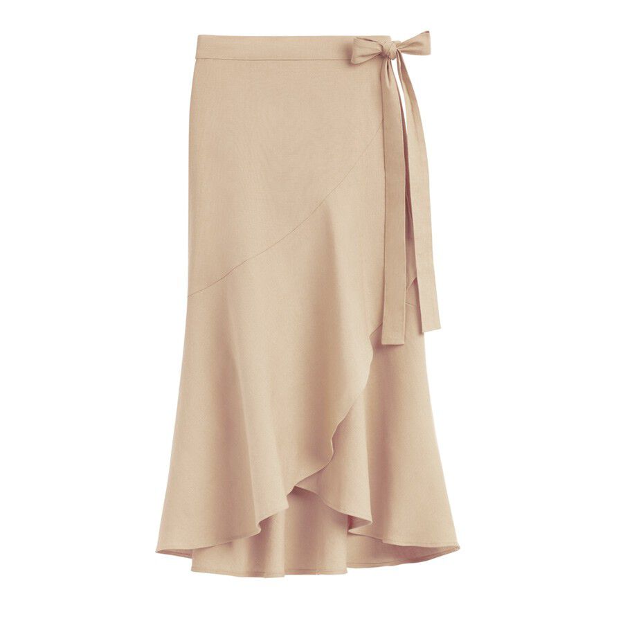 Asymmetrical skirt with a tie at the waist.