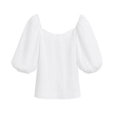 Women's blouse with puffy sleeves and off-shoulder neckline.